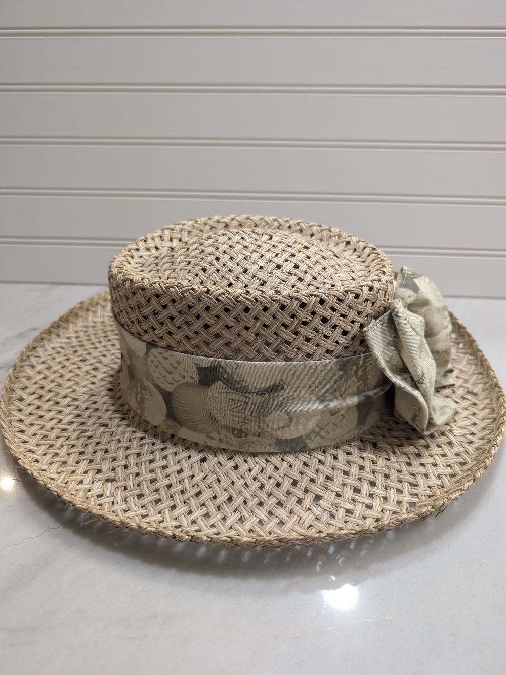 Neutral Woven Straw Boater Hat with Decorative Floral Band